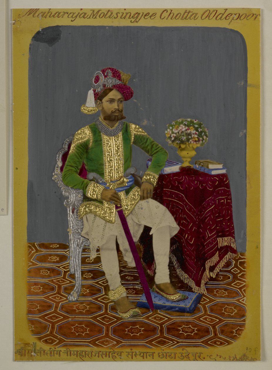 Mss Eur G.38/2 f.90 Moti Singh of Udaipur, 1870 körül (akvarell és arany papíron) alkotó: Indian School