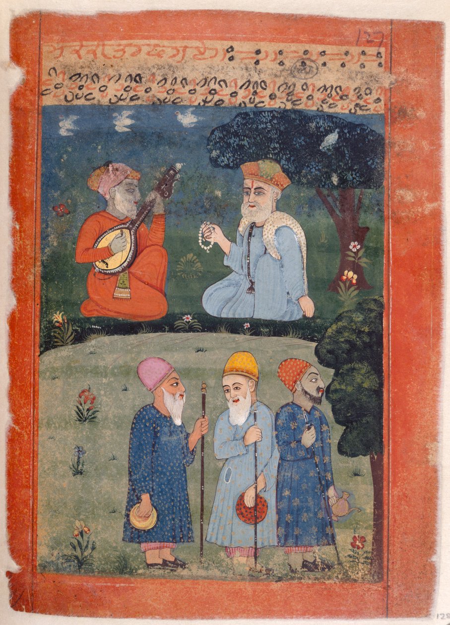 Panj asszony. B.40, f.128 Baba Nanak, Mardana és Fakirs, illusztráció a „Guru Nanak életrajzából” alkotó: Indian School