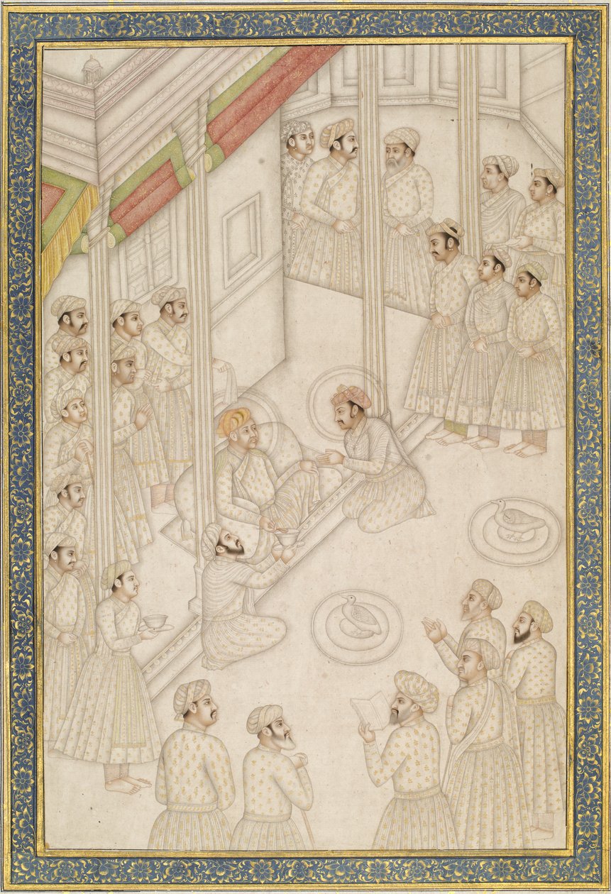 Akbar mogul császár udvart tartott végső betegsége idején, a 18. század közepe (albumlevél; aranyszínű pigment a csiszolt papíron) alkotó: Indian School