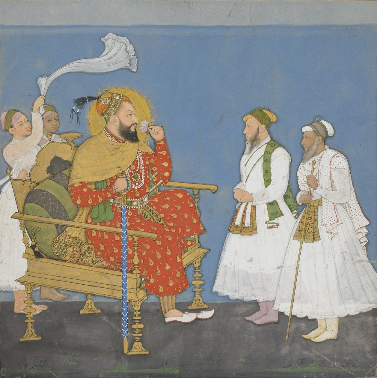 Muhammad Adil Shah II udvaroncokkal és kísérőkkel (átlátszatlan wc és arany papíron) alkotó: Indian School