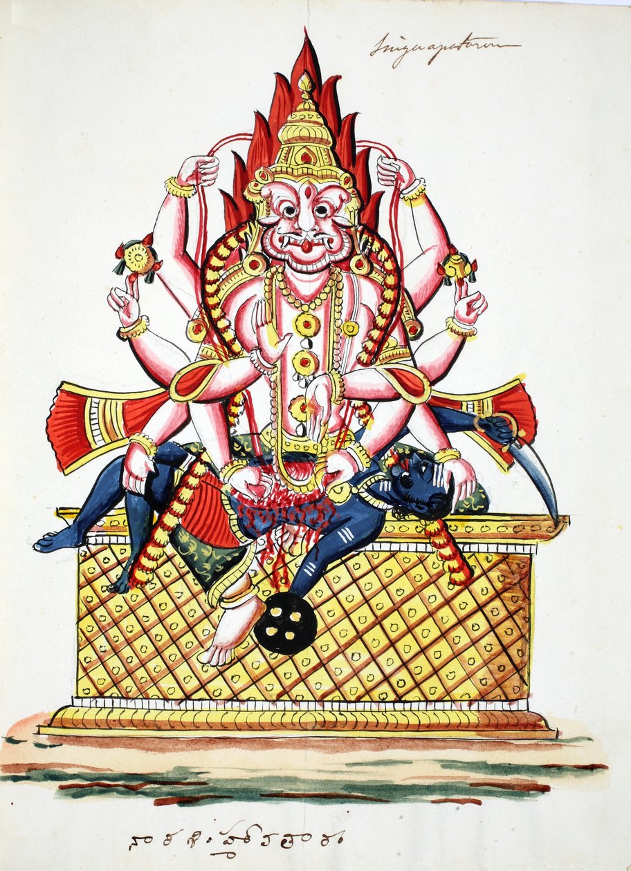 Narasimha, Visnu 4. avatarja (akvarell papíron) alkotó: Indian School