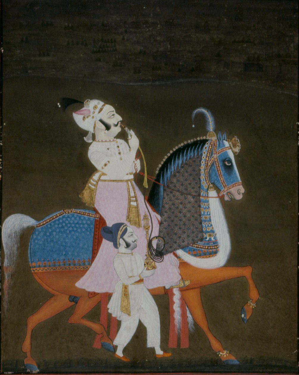 Mewar nemes, aki Mrigaraón lovagol egy gyalog kísérővel, 1820 alkotó: Indian School