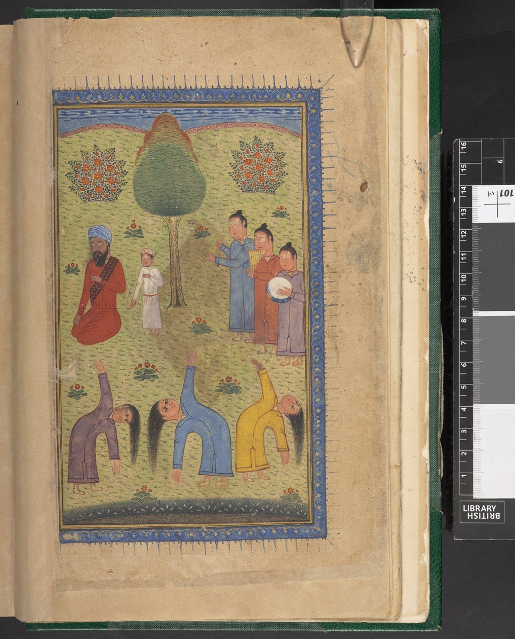 OMS/Or.1403, f.9v: Szúfik táncolnak zenészekkel és bámészkodókkal, a „The Shahnameh” című hosszú epikus költeményből, amelyet Ferdowsi perzsa költő írt, India alkotó: Indian School