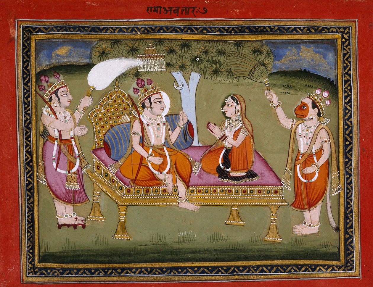 Vagy. 13805 f.373 Ráma király a trónon, illusztráció Kalurama „A Bhagavatapurana (A Boldogságos Úr Puránája)” című művéből alkotó: Indian School