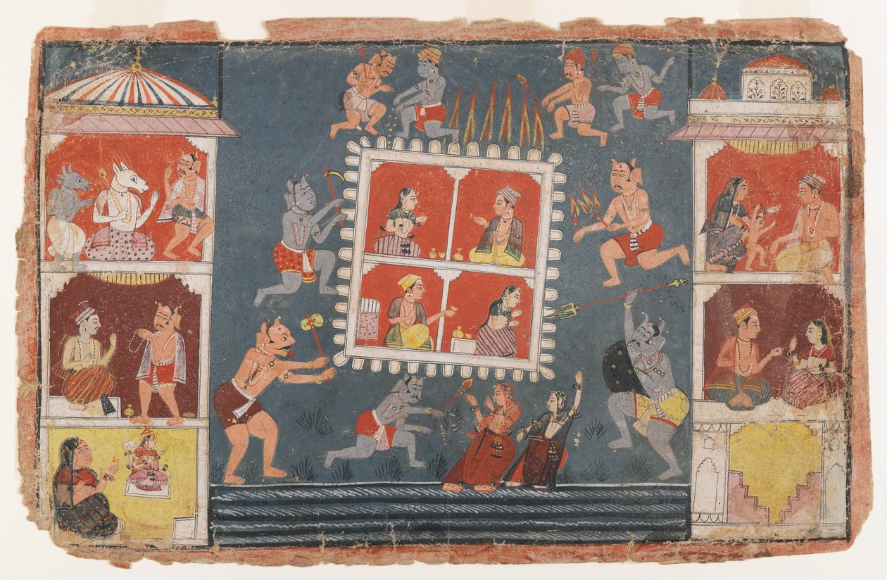 Oldal egy szétszórt Bhagavata Purana sorozatból, 1610-1650 körül (átlátszatlan wc papíron) alkotó: Indian School