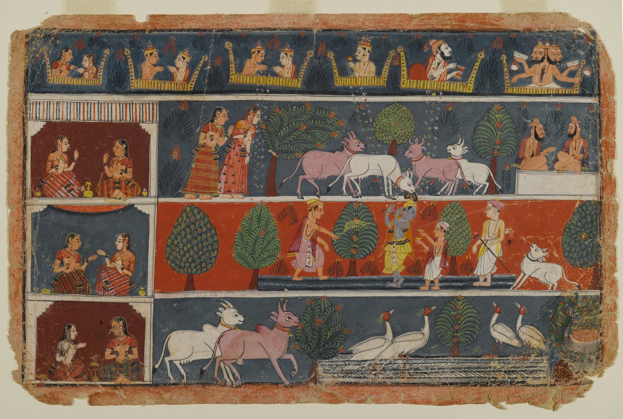 Oldal egy szétszórt Bhagavata Purana sorozatból, 1680 körül (átlátszatlan wc papíron) alkotó: Indian School