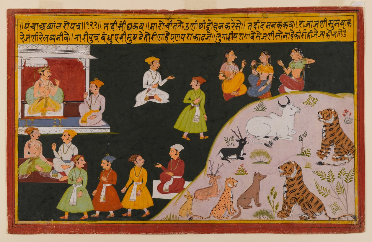 Oldal egy szétszórt Panchakhyana sorozatból, 1720-40 körül (wc papíron) alkotó: Indian School
