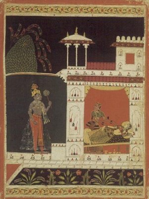 Paradhina Nayika, a „Puhakara Rasavali”-ból, a hátoldalra felírva Devanagariban, Malwa, Rajput School alkotó: Indian School