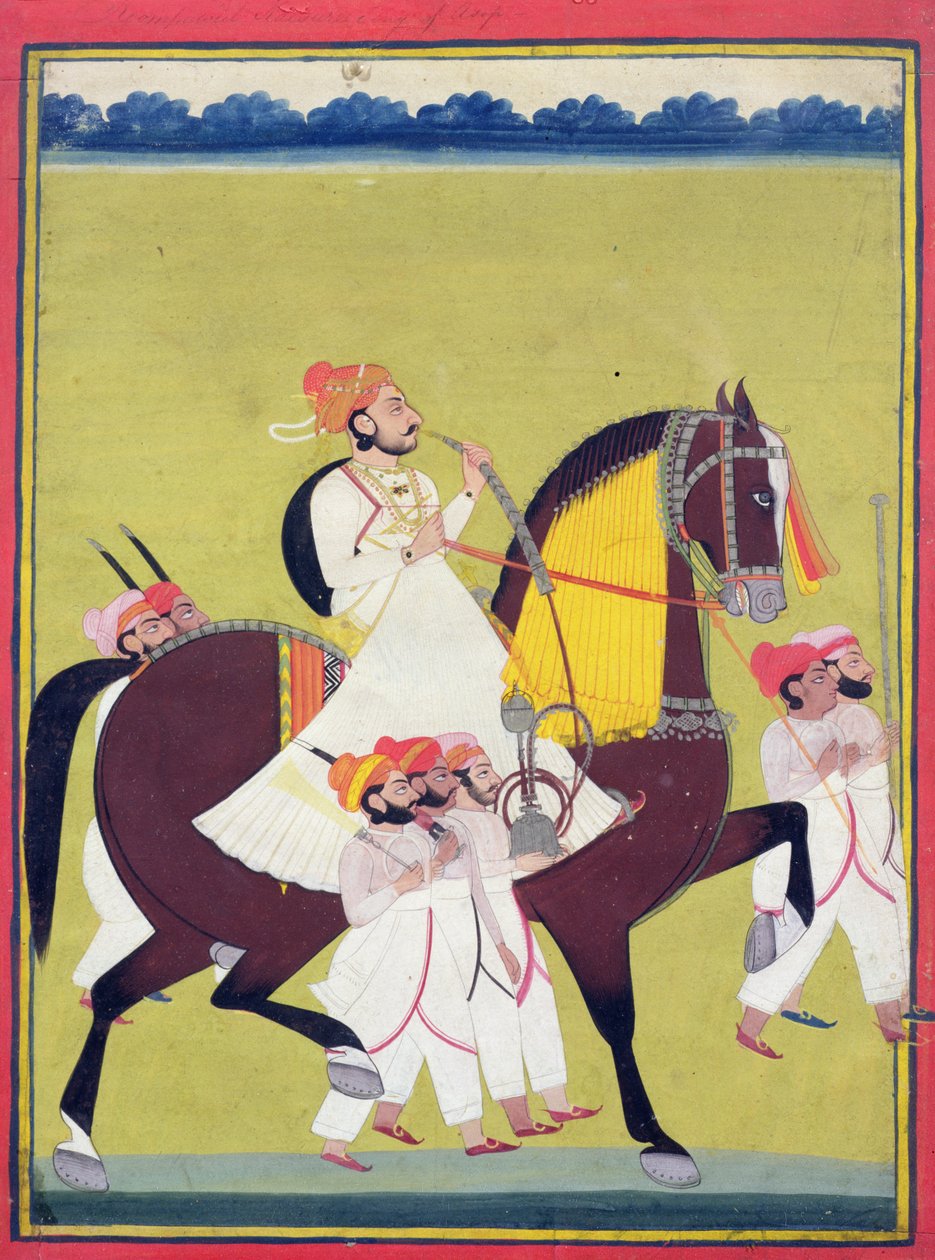 Asop Kumbhawat Kesari Singh portréja, aki lovon ül, vízipipát szív és kísérők kíséretében, Jodhpur, 1810-20 körül alkotó: Indian School