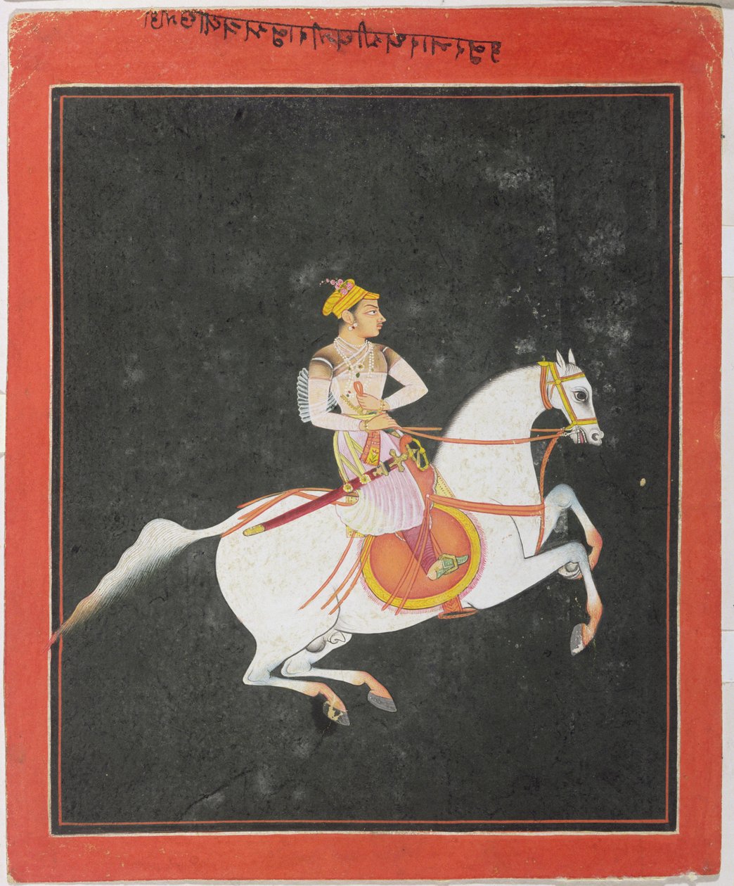 Kunwar Baharat Singh portréja lóháton, Utkalrama, felül és hátoldalon felirattal: Devanagari, Bundi, Rajasthan, Rajput School alkotó: Indian School