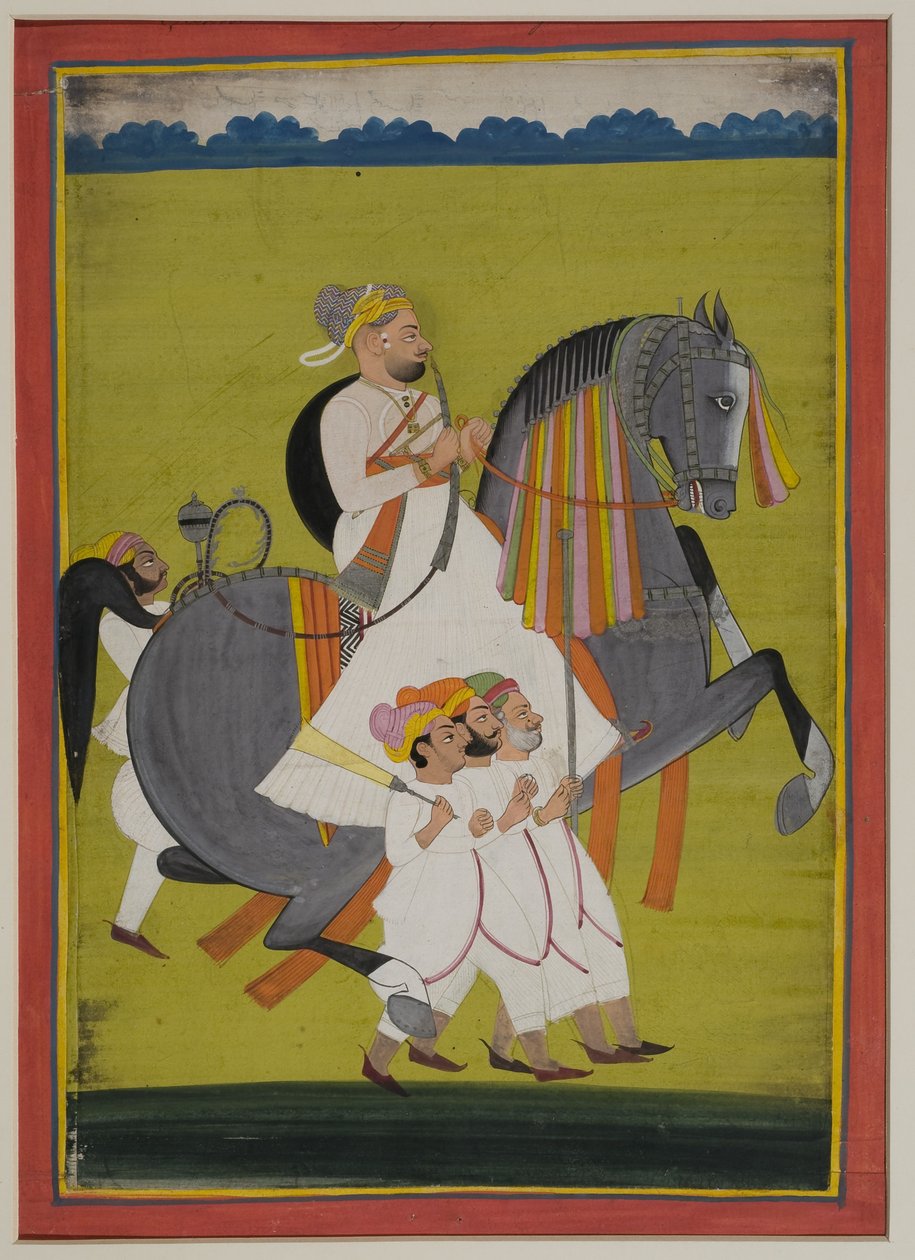 Nimbaji Thakur Surtan Singh portréja, lóháton, gyalog kísérőkkel, 1820 (guache, indiai papír) alkotó: Indian School