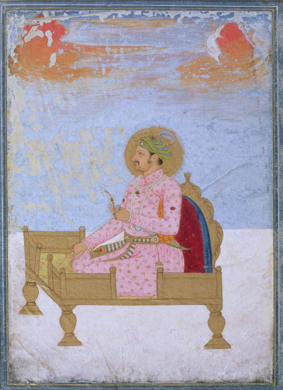 Jahangir császár (1569-1627) portréja egy trónon ül egy sarapest tartó mogul, 1720-40 körül alkotó: Indian School