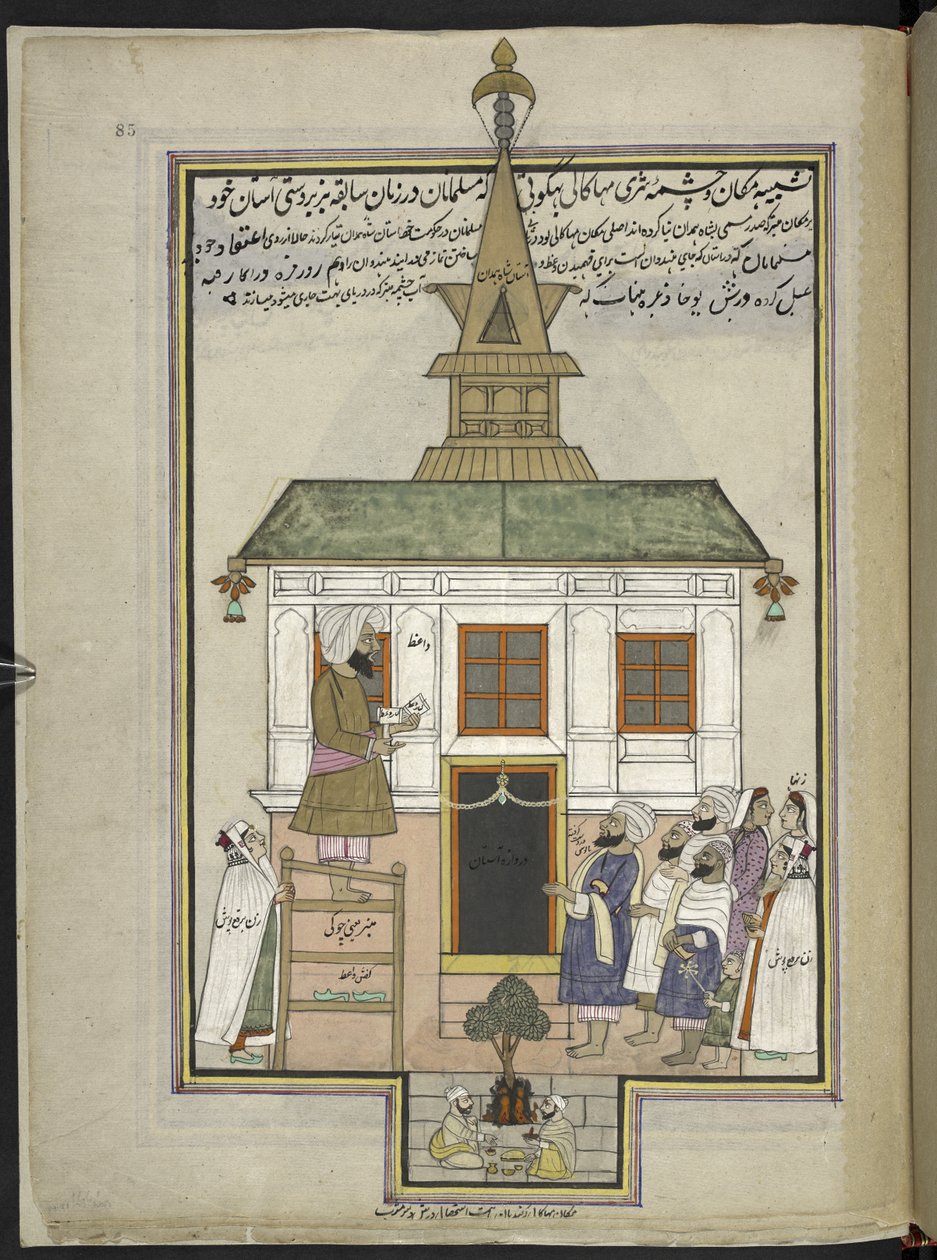 Prédikátorok és imádók Shah Hamadan fából készült mecsetjében, Srinagarban, amely eredetileg Mahakali Bhagwati szentélye volt,  86 rajz kötetbe kötve, amelyek a kasmíri mesterségeket és foglalkozásokat ábrázolják, a kézművesek munkaeszközeikkel és felszere alkotó: Indian School