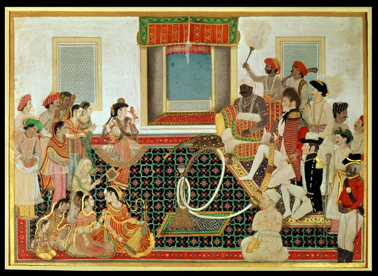 Mahadaji Sindhia herceg egy brit katonatisztet és egy haditengerészeti tisztet szórakoztat, 1820 körül (guache papíron) alkotó: Indian School