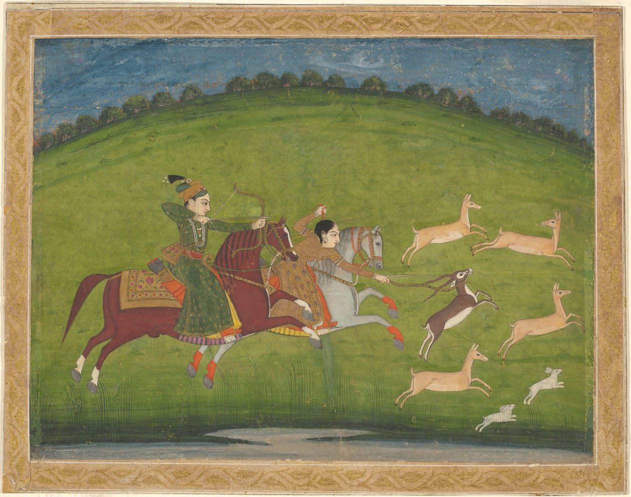 Herceg és hercegnő vadászat Blackbuck alkotó: Indian School