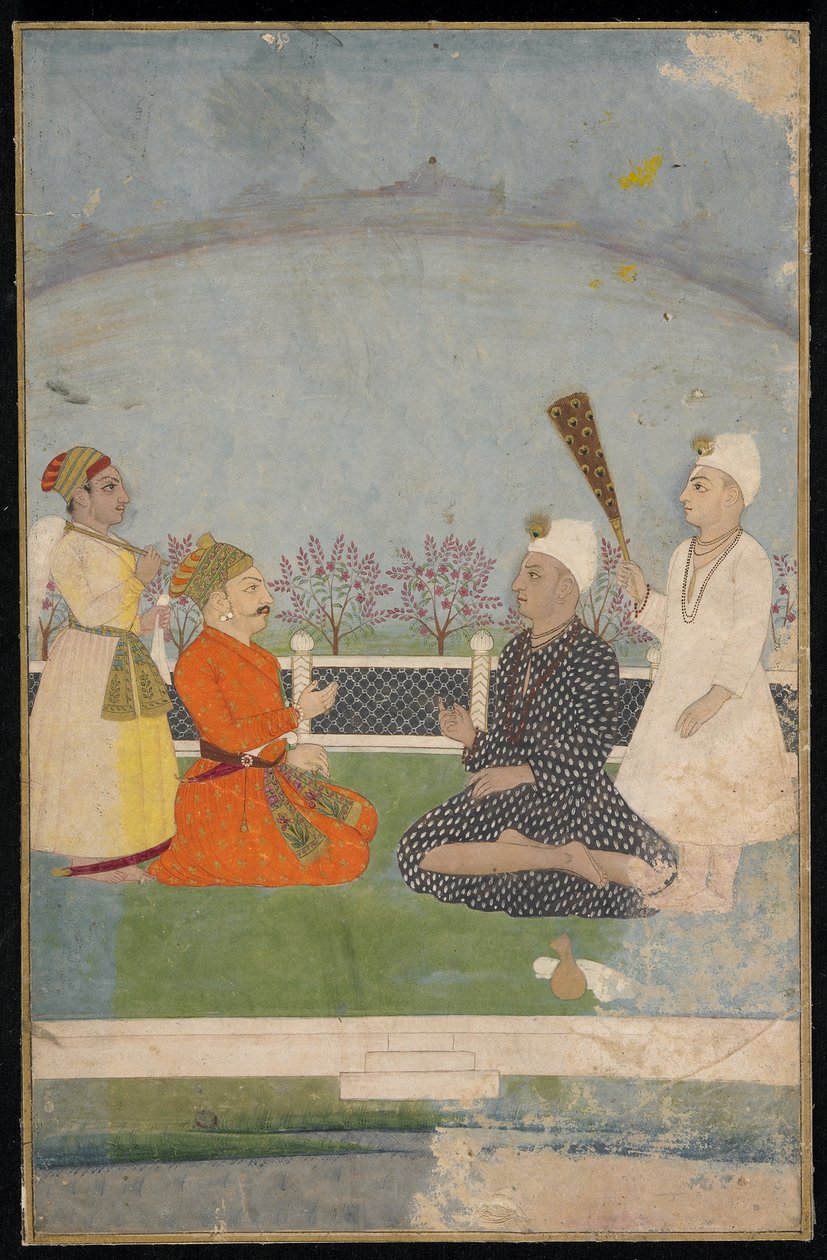 Herceg meglátogat egy szent embert, leválasztott albumfólió festménnyel, XVIII. század közepe alkotó: Indian School