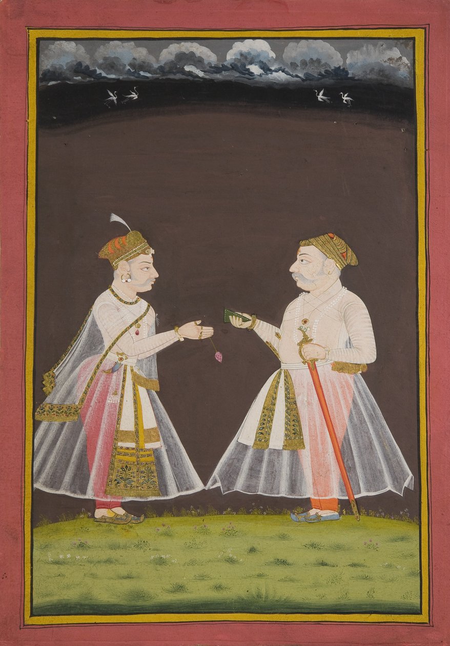 Valószínűleg az udaipuri Rana Raj Singh (1661-81) portréja, aki serpenyőt kínál egy nemesnek, 1820 alkotó: Indian School
