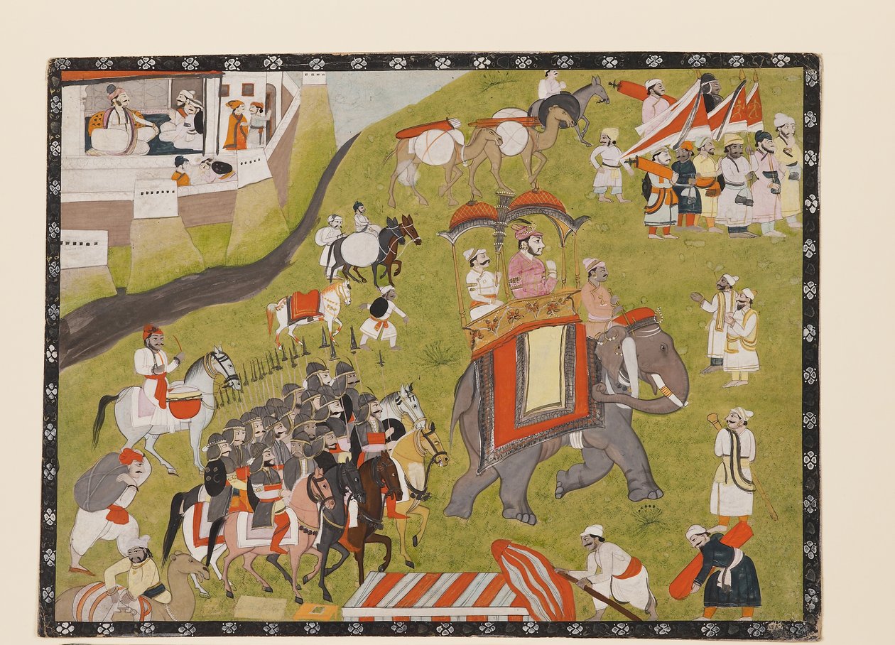 Rajzsa felvonulása elefánton fegyveres kísérettel és tartókkal, 19. század 2. fele (guache papíron) alkotó: Indian School
