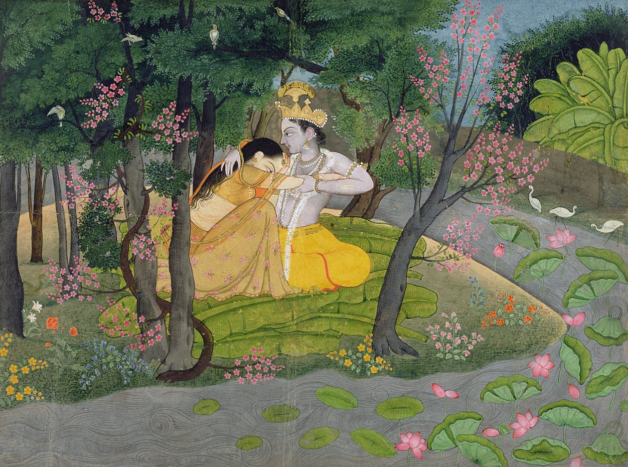Radha és Krisna ölelkeznek egy virágzó fák ligetében, 1780 körül (wc papíron) alkotó: Indian School
