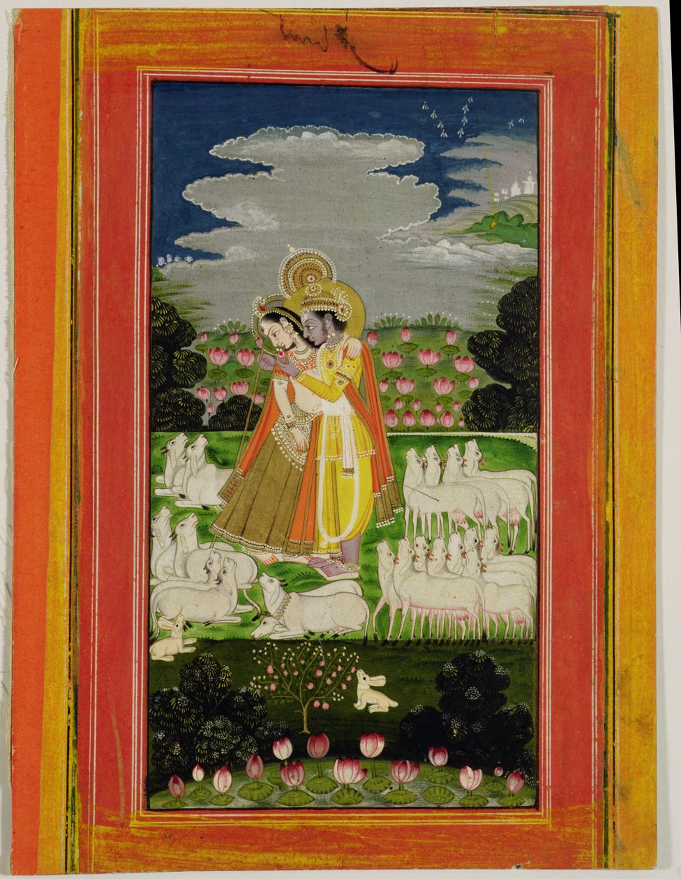 Radha és Krisna ölelkeznek egy idealizált tájon tehenekkel, 1780 körül (papíron átlátszatlan wc) alkotó: Indian School