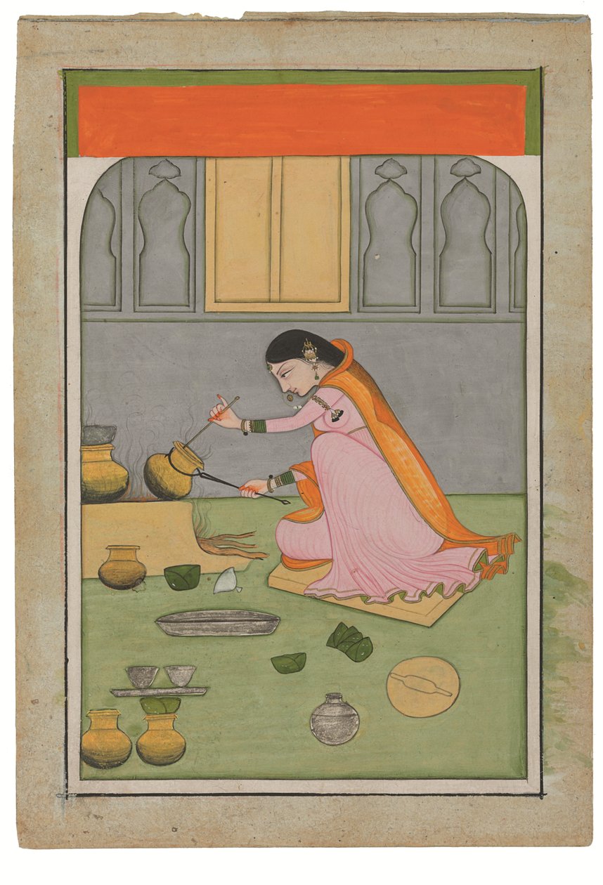 Rádhá a konyhában, 1810 körül (opak pigmentek és arany, wasli) alkotó: Indian School