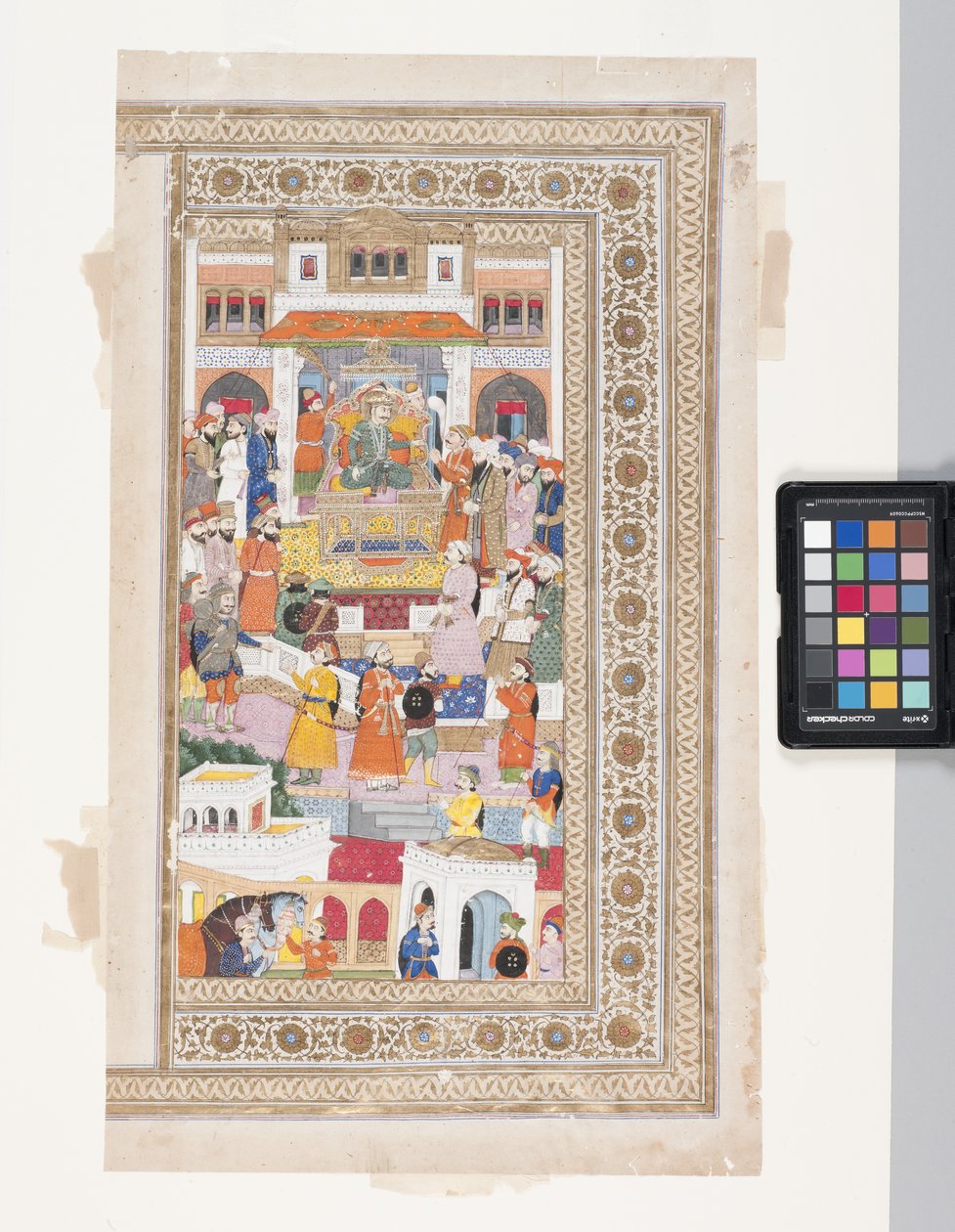 Raja udvaroncokkal (toll, tinta, gouache és aranylevél pergamenen) alkotó: Indian School