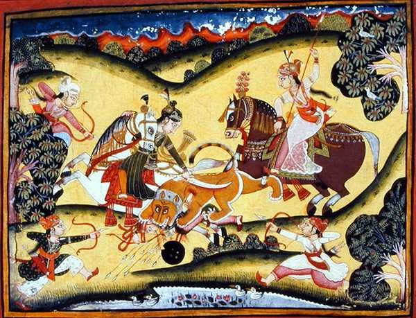 Rajput hercegnők megölnek egy oroszlánt, Bundi Iskola, 1810-20 körül (guache papíron) alkotó: Indian School