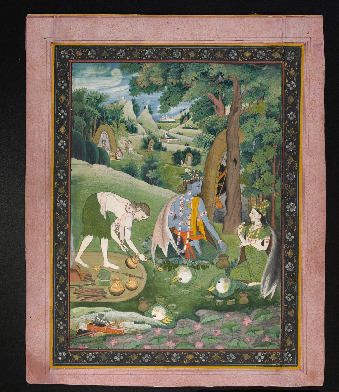 Rama, Lakshmana és Sita főzés és étkezés a vadonban, 1820 körül (guache, arannyal a papíron) alkotó: Indian School