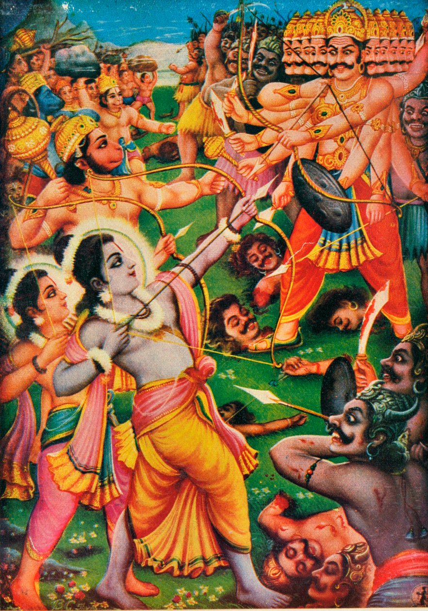 Rama és Hanuman harcol Ravana, a démon ellen, jelenet a Rámájánából alkotó: Indian School