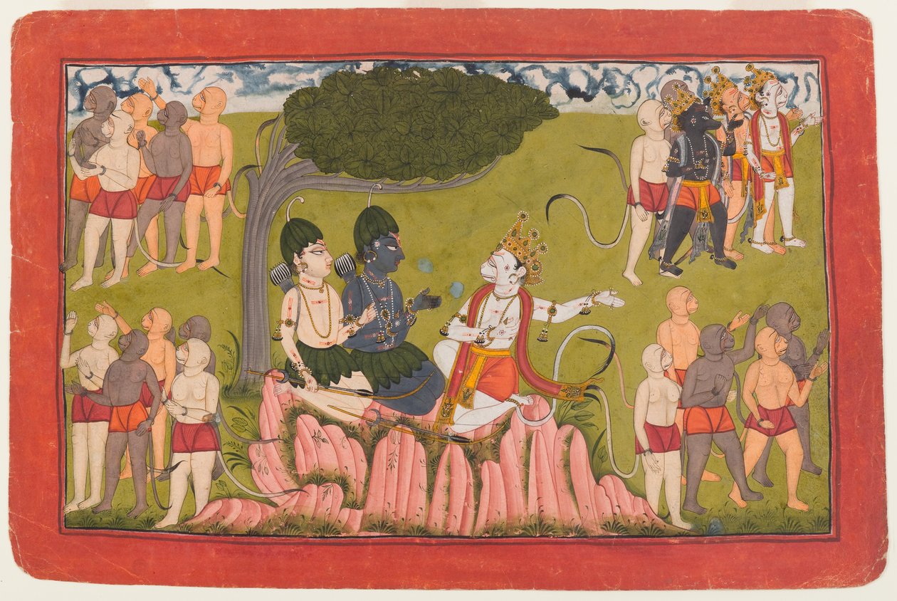 Rama és Lakshmana tanácskozik Sugrivával a Sita kereséséről, egy szétszórt Ramayana sorozatból származó fólió, 1770-10 (wc papíron) alkotó: Indian School
