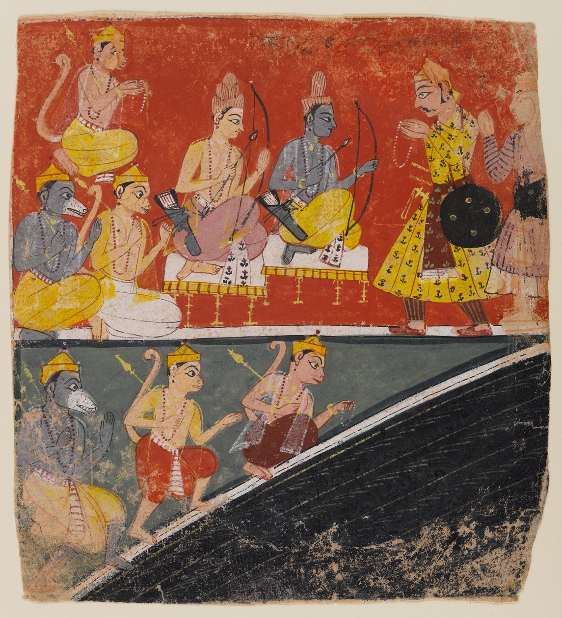 Rama és Lakshmana követeket fogad, oldal egy szétszórt Ramayana sorozatból, 1634 körül (wc papíron) alkotó: Indian School