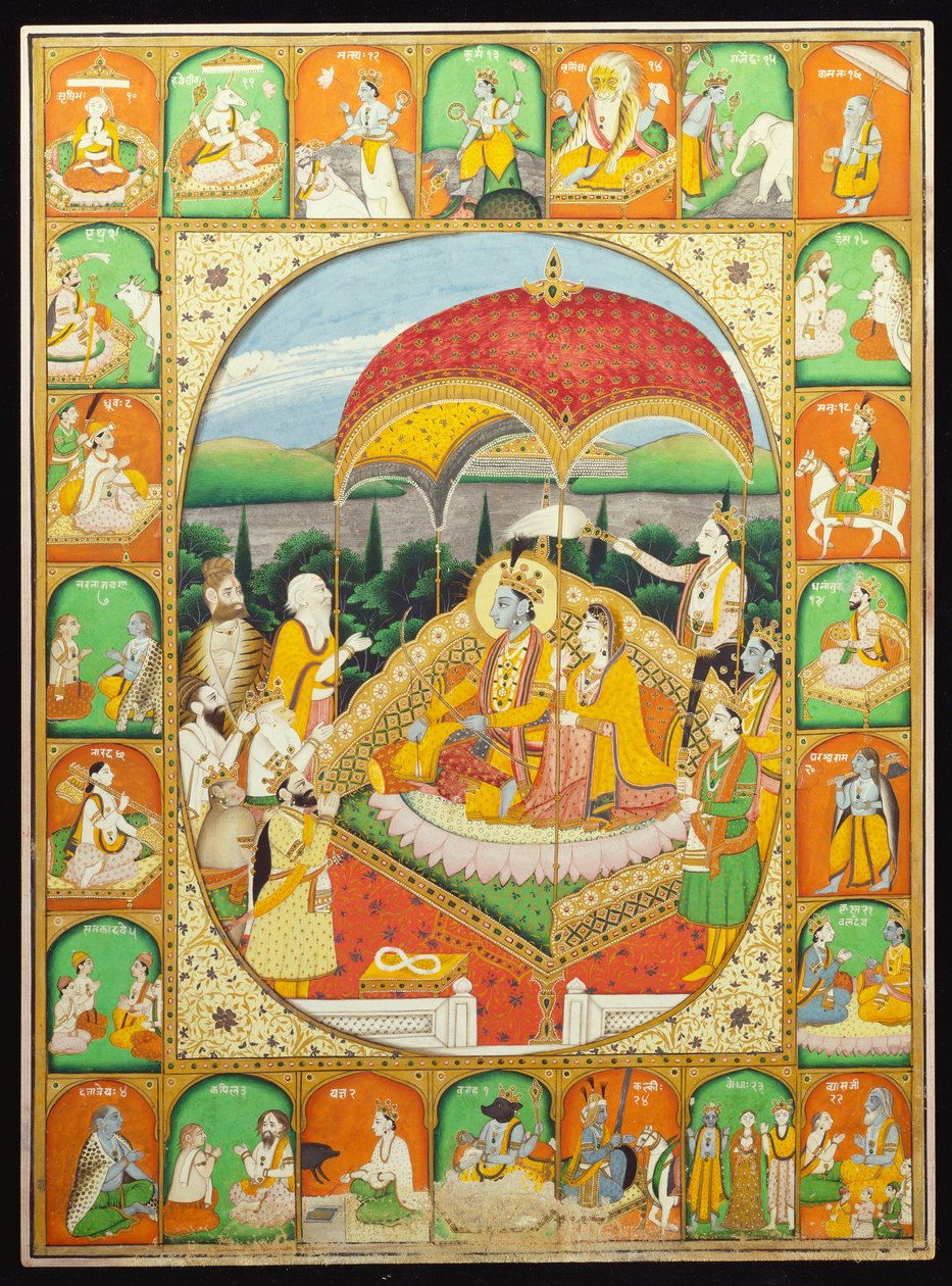 Rama és Sita trónolt, Shiva, Hanuman és mások imádták, 1800-20 alkotó: Indian School