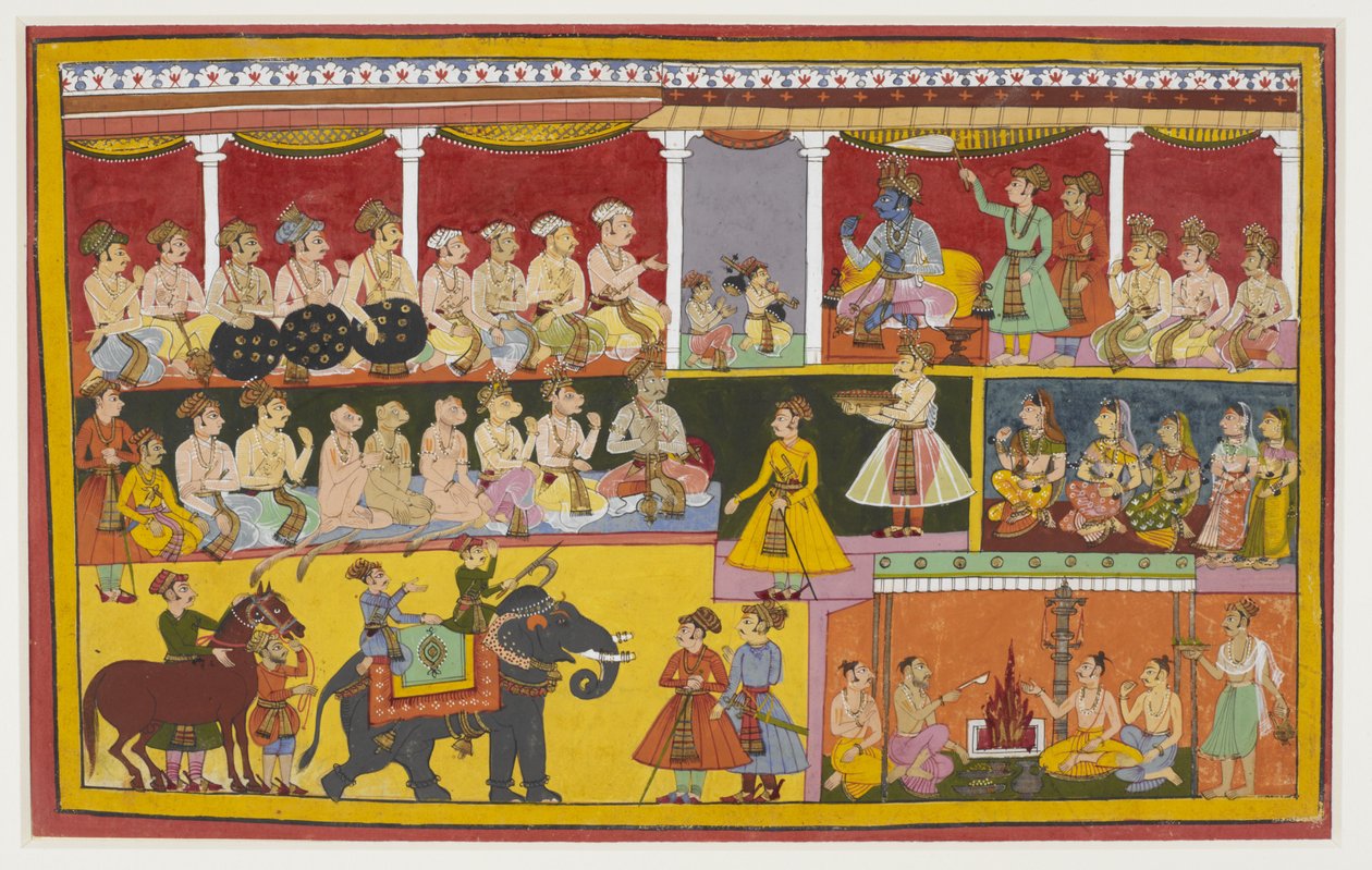 Rama hallgatja, ahogy Lava és Kusha a Ramayana-t énekli, a majmokkal és Vibhishanával együtt. alkotó: Indian School