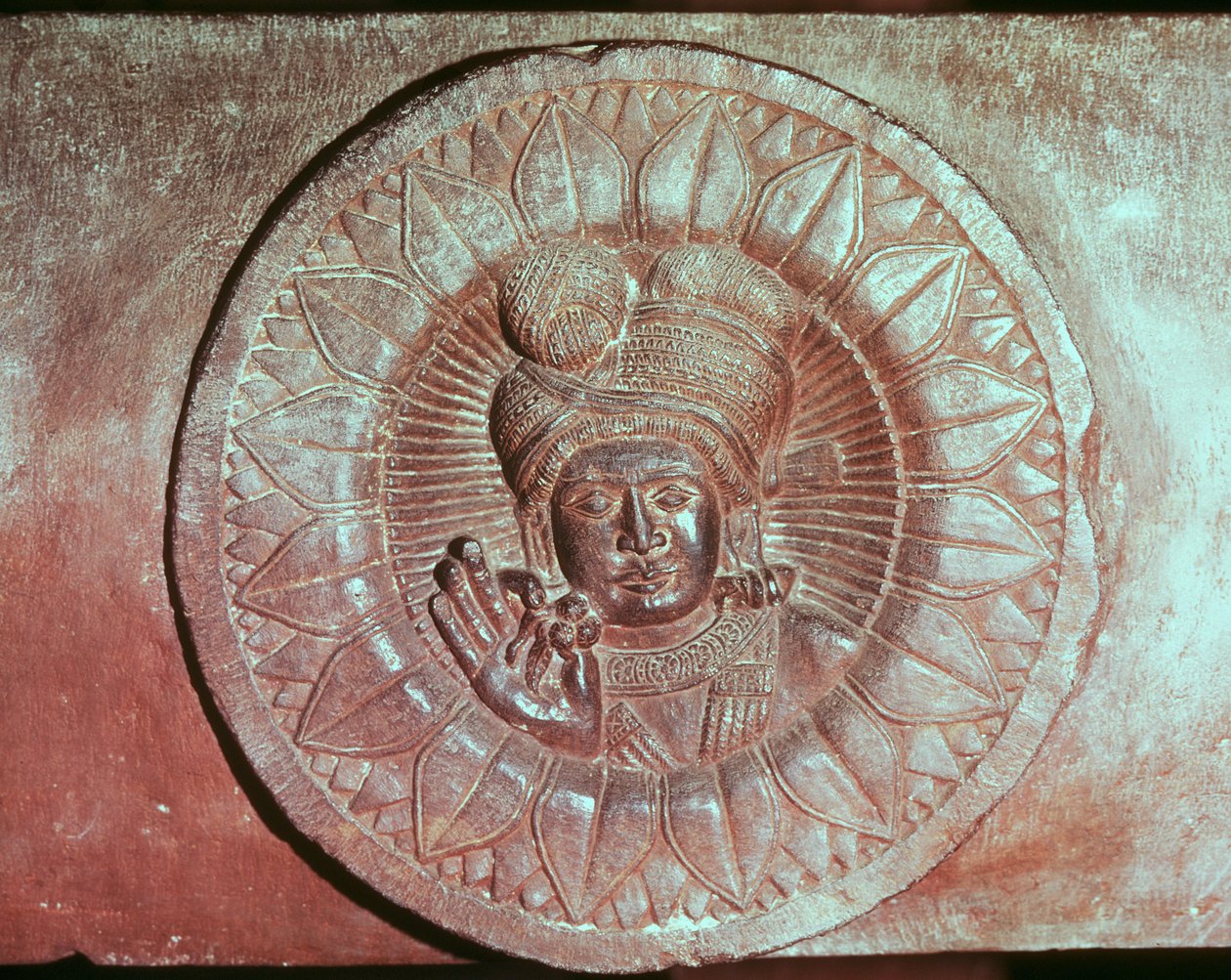 Lótuszvirágot ábrázoló dombormű férfi fejjel, egy buddhista sztúpából Bharhutból (Madhya Pradesh, késő mauriánus korszak, Sunga-dinasztia (i. e. 180-72)) alkotó: Indian School