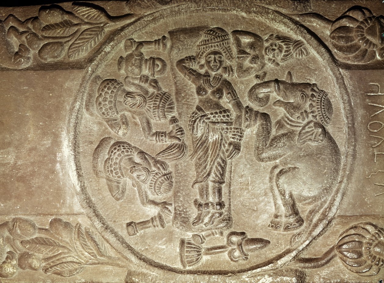 Maya álmát ábrázoló dombormű egy buddhista sztúpából, a Madhya Pradesh állambeli Bharhutból, a késő mauriánus időszakból, a Sunga-dinasztia (i.e. 180-72) időszakából alkotó: Indian School