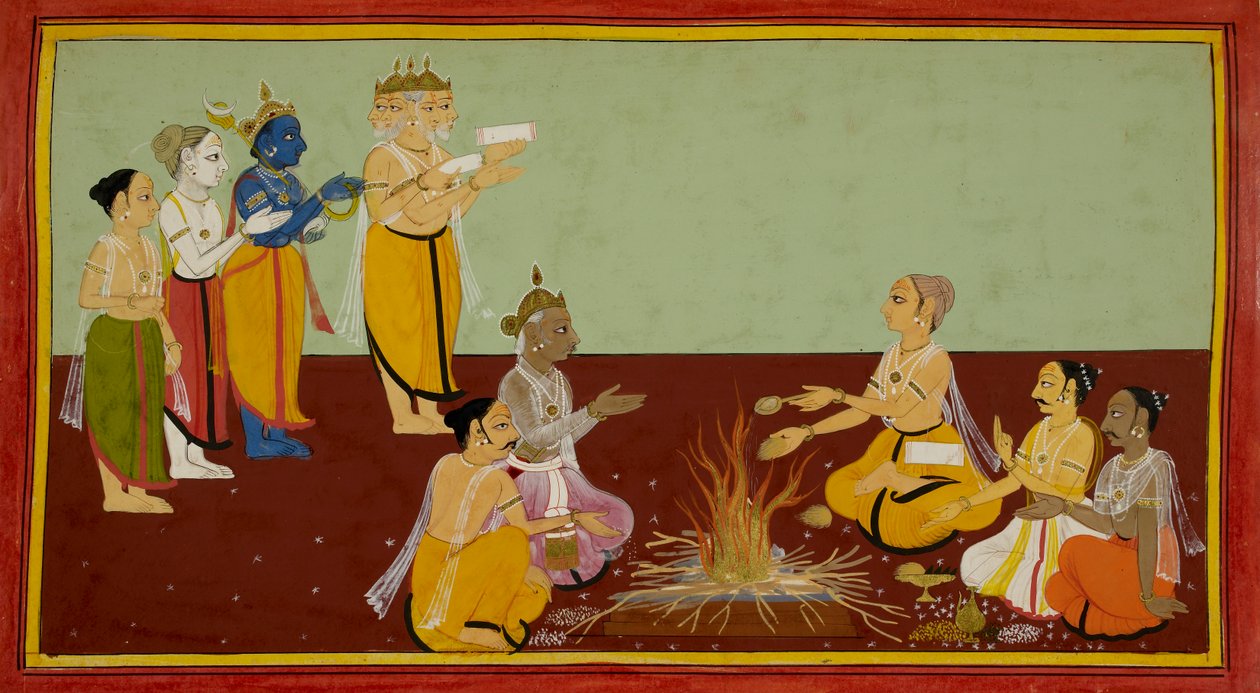 Rishyasringa fiúszerző szertartást végez, mantrákat énekel és felajánlásokat tesz. alkotó: Indian School