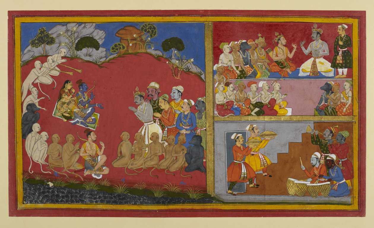 Rāma elfogadja a hódolatot, de várja, hogy visszatérjen Ayodhyāba; Vibhīṣaṇa durbart rendez a majom- és medve-vezetők számára. alkotó: Indian School