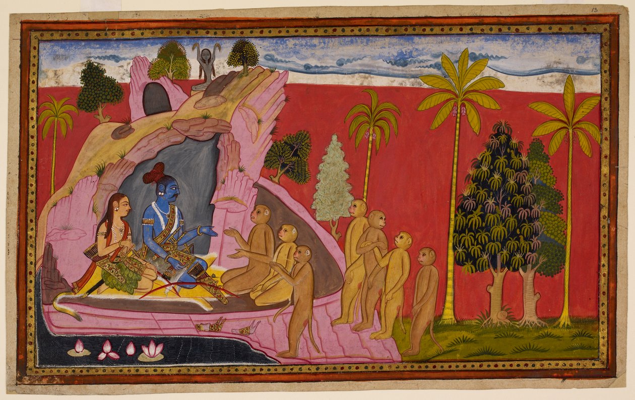 Rāma és Lakṣmaṇa egy oroszlánbőrön ülve örülnek Hanumān hírének és Sītā ékszerének, de elkeserednek a lány helyzete miatt, és Sugrīvában találnak vigaszt. 1653 (miniatűr) alkotó: Indian School