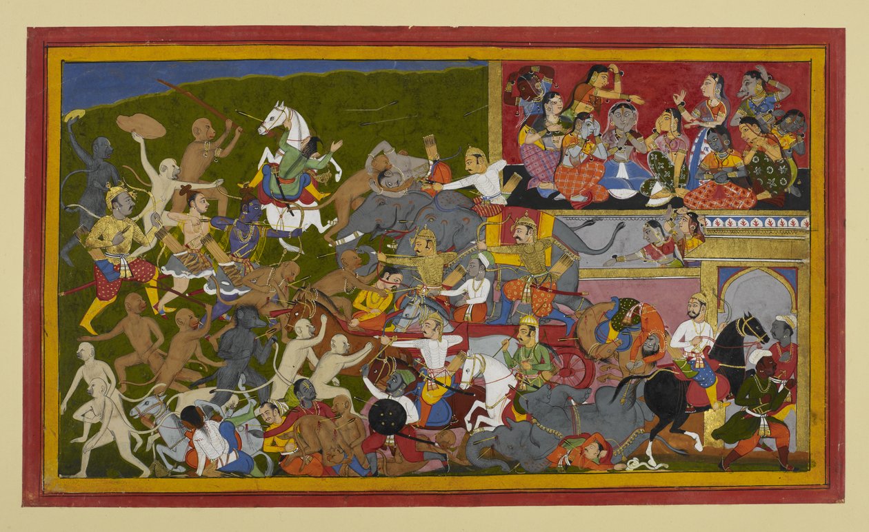Rāma és Lakṣmaṇa démonokat ölnek meg, miközben női titánok gyászolnak, felidézve egy próféciát. alkotó: Indian School
