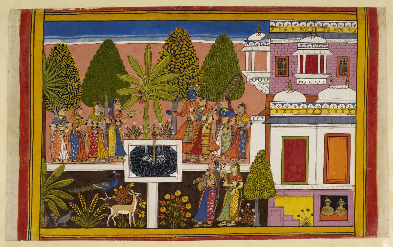 Rāma és Sītā az aśoka ligetben pihennek, bort és zenét élvezve, a buja kertben. alkotó: Indian School
