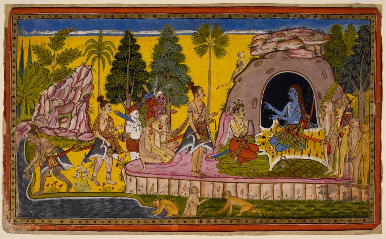 Rāma Vibhīṣaṇát Laṅkā királyává koronázza, és felkészül arra, hogy az Óceán segítségét kérje, hogy megteremtse az utat Laṅkāba. 1653 (miniatűr) alkotó: Indian School