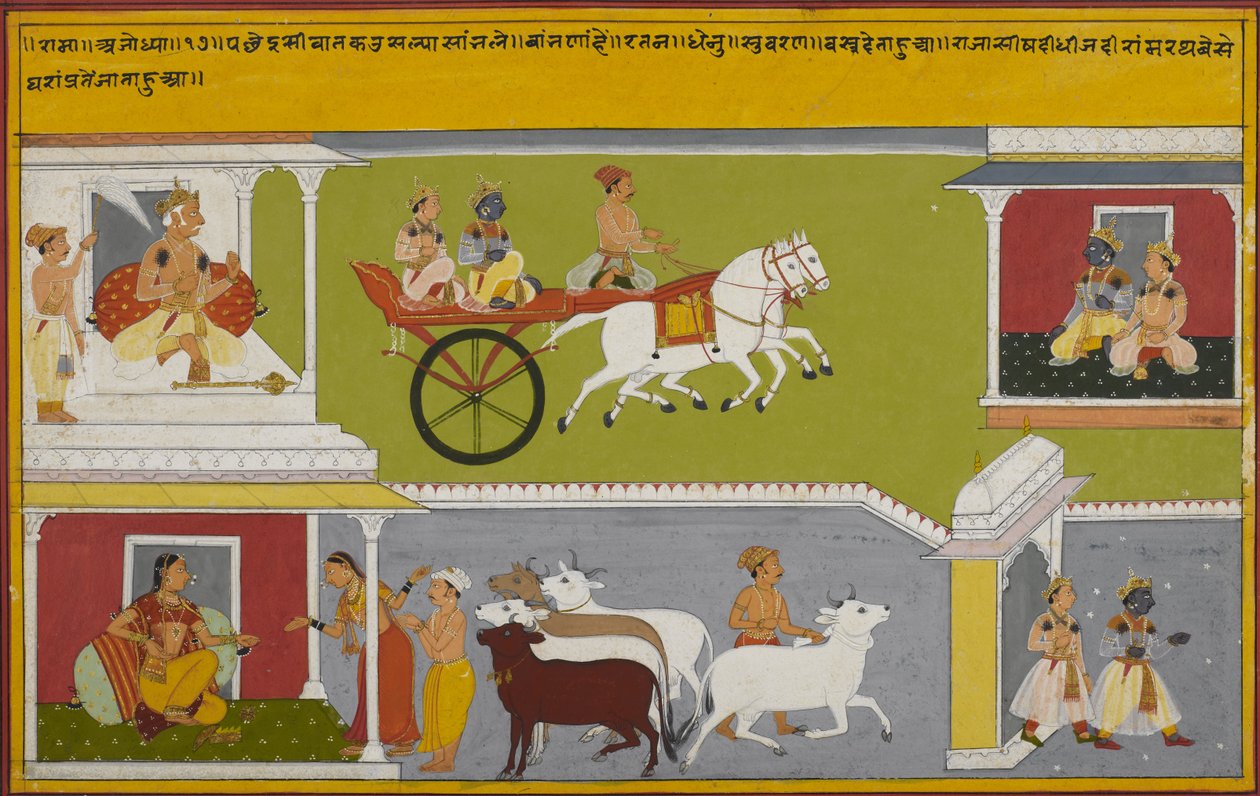 Rāmát régenssé teszik, elhagyja a palotát, és elmondja anyjának, Kaushalyānak, aki teheneket ad ajándékba... alkotó: Indian School
