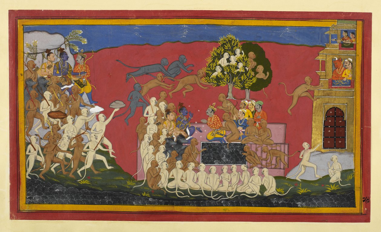 Rāma elküldi Aṅgadát, hogy hívja ki Rāvaṇát, amikor a majmok Laṅkāhoz közelednek. alkotó: Indian School