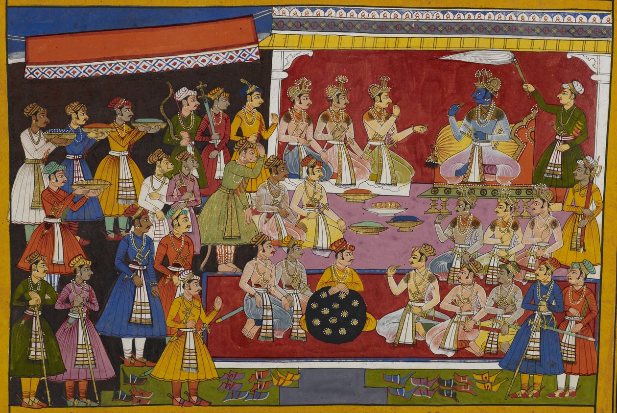 Rāma megköszöni szövetségeseinek, megajándékozza őket, és megengedi nekik, hogy visszatérjenek királyságukba. alkotó: Indian School