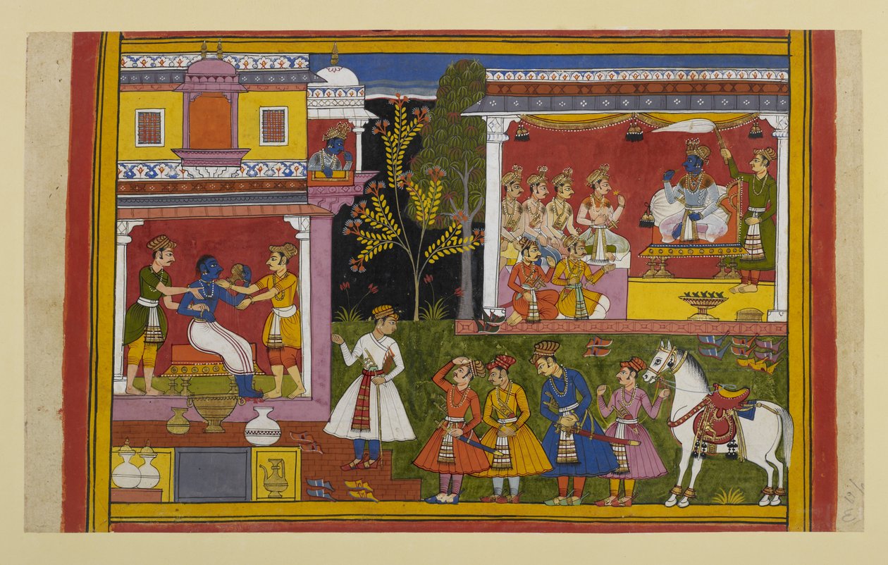 Rāma dicsőítésre ébred, megfürdik, és beül a tróntermébe, ahol mindenki hódol neki. alkotó: Indian School