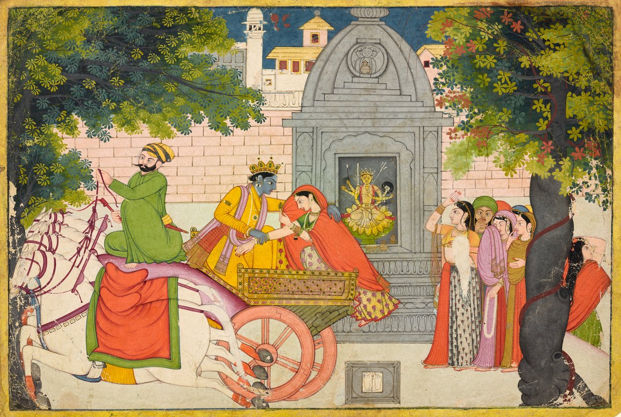 Rukmini megszökik Krsnával, fólió egy Bhagavata Puránából, 1780 körül alkotó: Indian School