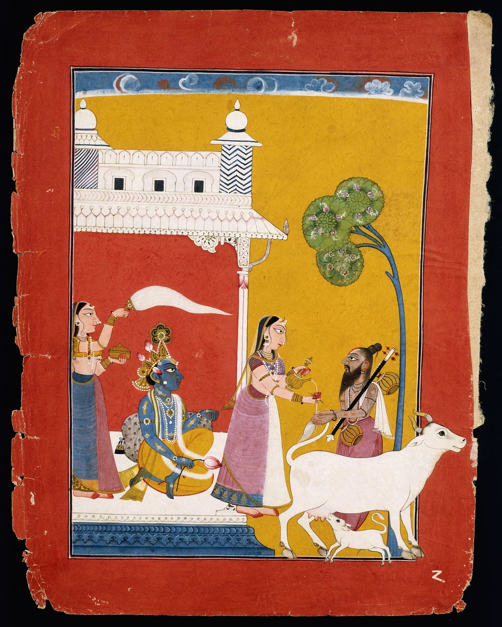 Rukmini vízzel kínálja a bölcs Naradát, miközben hitvese Krishna a házában ül, 1725-1730 alkotó: Indian School
