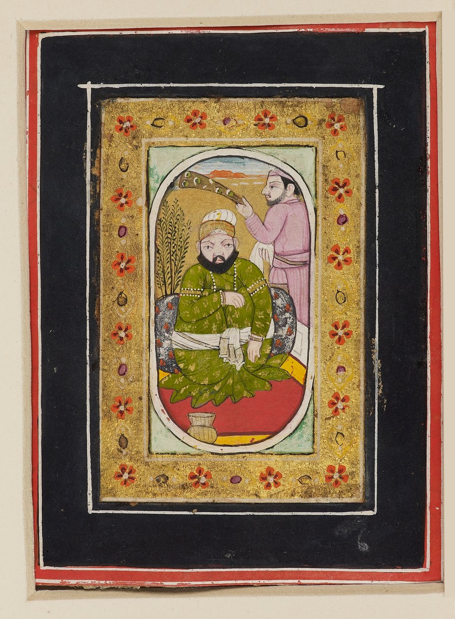 Zöld dzsámát viselő uralkodó, halotti viselővel, 18. század 2. fele (guache kartonon) alkotó: Indian School
