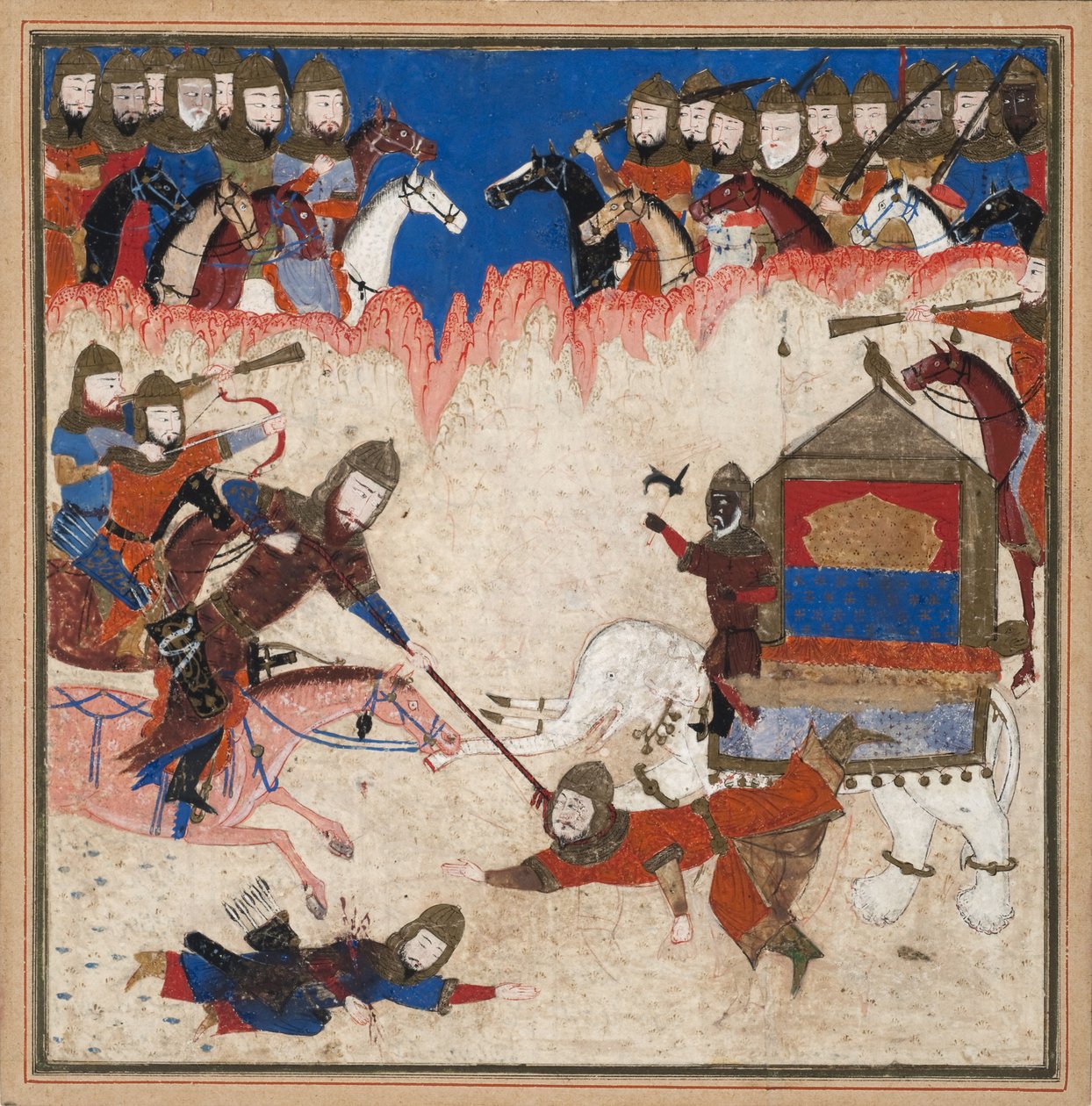 Rusztam lasszózza a kínai khakánt, és kihúzza elefántjából, 1450 körül (átlátszatlan wc és arany papíron) alkotó: Indian School