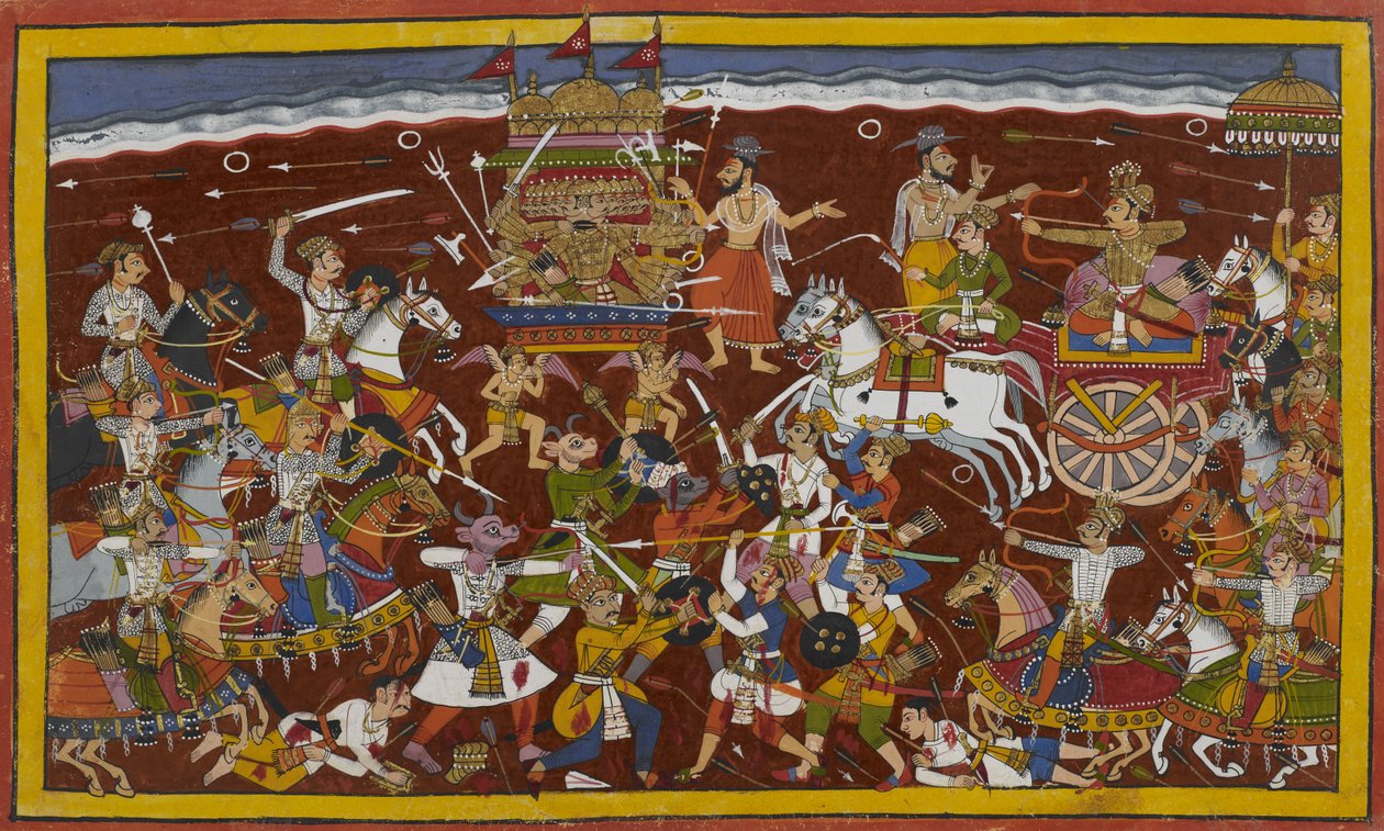Rāvaṇa harcol Mandhāta ellen, de a bölcsek kibékítik őket. alkotó: Indian School